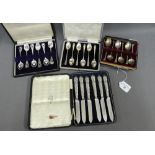 Various cased sets of flatware to include two sets of six Birmingham silver teaspoons, Epns