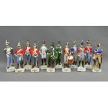 Twelve porcelain military figures to include Captain of the Infantry Officer in the Rifle Brigade