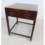 Chinese table, the square top over two frieze drawers with bronze patinated handles and