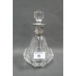 Etched glass scent bottle and stopper with white metal collar, 21cm high