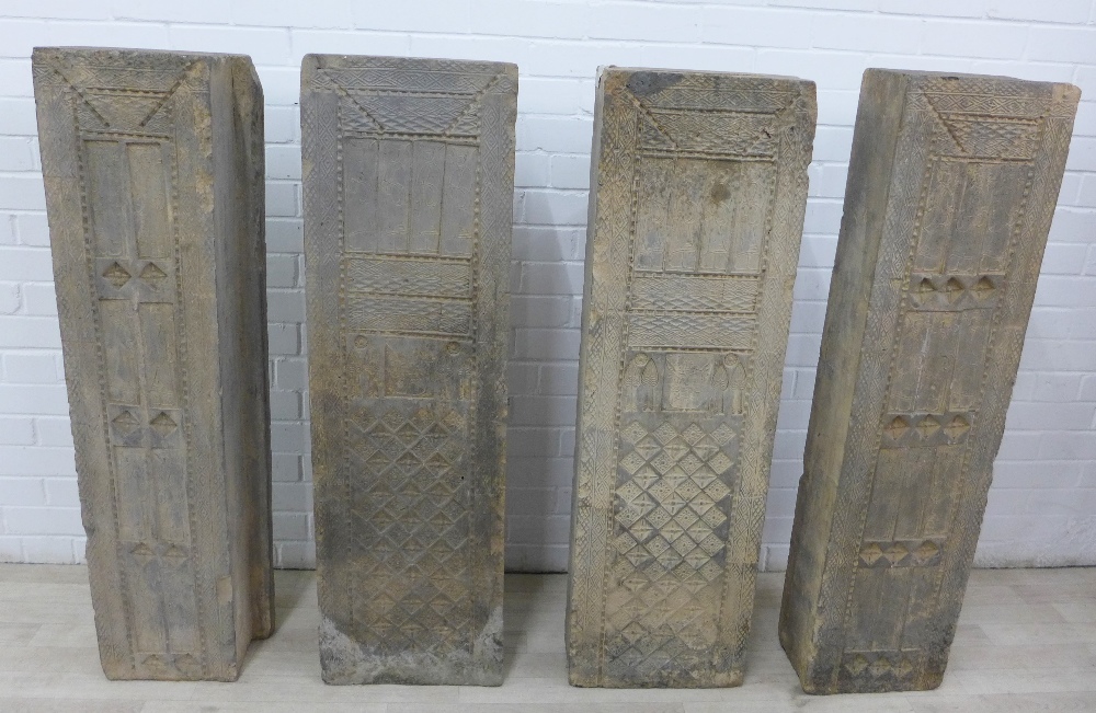 Two pairs of Han Dynasty clay tomb bricks, 117 x 34cm (2)