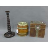 Oak and Epns mounted ice bucket, oak candlestick and a metal clad box, tallest 31cm (3)