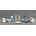 Mixed lot to include two decanters, miscellaneous jugs, etc (a lot)