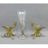 Pair of brass Griffin candlesticks and a Epns and glass table posy, tallest 30cm (3)