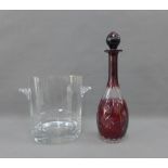 Glass ice bucket and a ruby glass decanter and stopper, tallest 37cm (2)