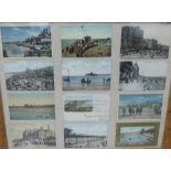 Twelve early 20th century Portobello postcards contained within a single glazed frame, to include