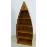 Large boat shaped pine bookcase, 205 x 84cm