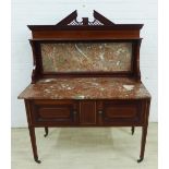 19th century mahogany and inlaid washstand, with broken pediment top and dentil frieze over a marble