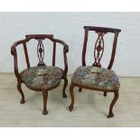 Mahogany corner chair with floral tapestry upholstered seat together with a matching side chair,