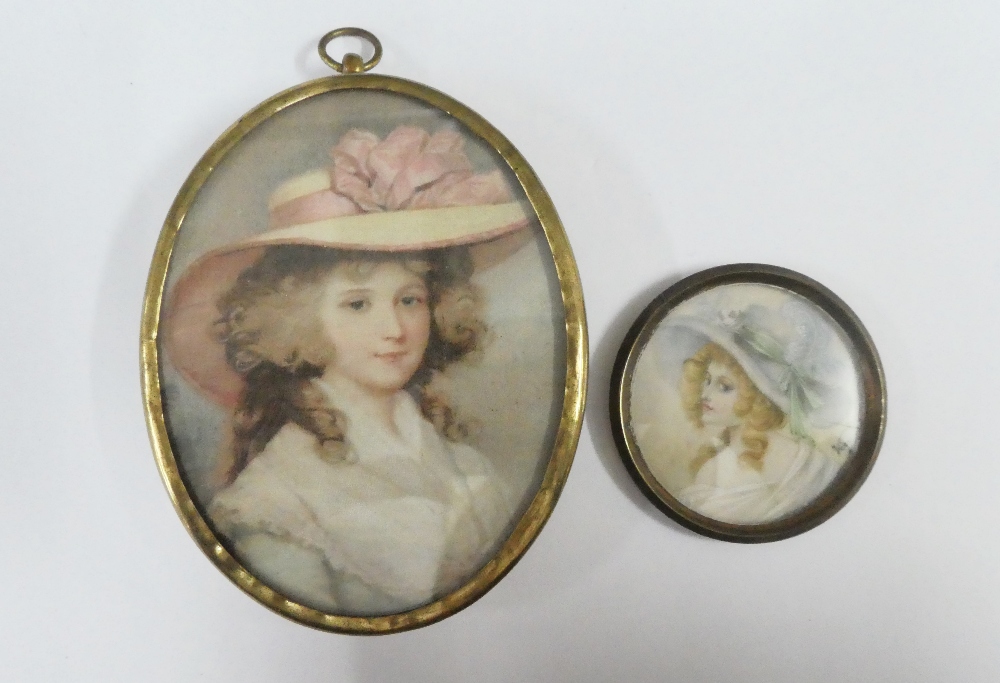 Small circular portrait miniature on ivory of a lady in a wide brimmed hat, signed indistinctly, 5cm