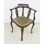 Mahogany and inlaid corner chair with upholstered seat and cabriole legs, 72 x 60cm