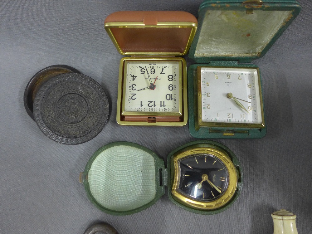 Carton containing a pewter teaset, ivory handed hooks, travel clocks, etc (a lot) - Image 2 of 3