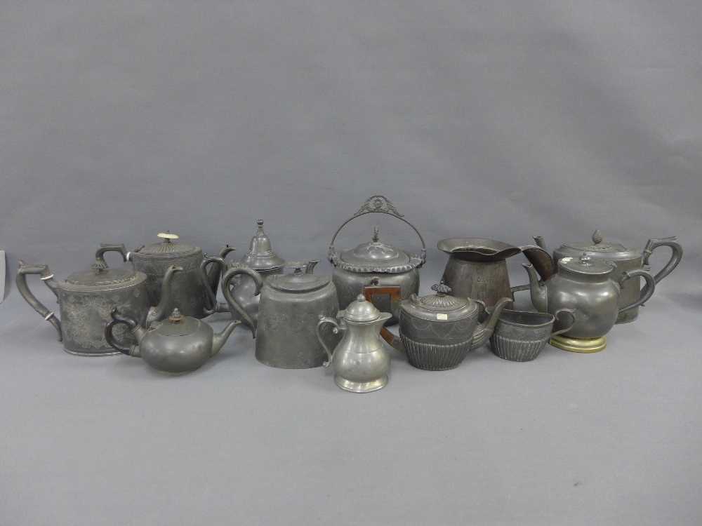 Carton containing a collection of pewter items to include teapots and jugs, etc (a lot)