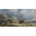 British School, Fishing Boat Moored on the Shore with Figures, oil on canvas, signed indistinctly,