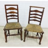 Two Lancashire style ladder back chairs with rush seats, 95 x 50cm