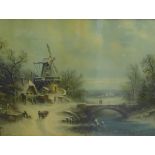 Windmill in a winter landscape, coloured print, in an ornate giltwood and oak frame, 50 x 65cm