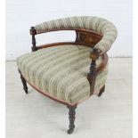 Mahogany and inlaid armchair with upholstered top rail, arms and seat, on turned legs with