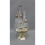 Silver plated cruet stand containing a set of etched glass bottles and condiment jars, size