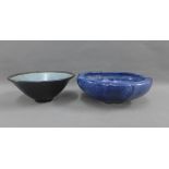 Studio pottery craqueleur bowl and another blue glazed bowl, largest 26cm diameter (2)