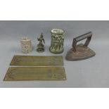 Mixed lot to include a flat iron, brass door plates, filigree box, small bronze figure, etc (a lot)