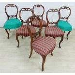 Set of six 19th century rosewood chairs, with balloon backs, upholstered seats and cabriole legs, (