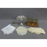Epns sweetmeat dish, white metal mounted glass jug, brass postal scales, vintage gloves, lace