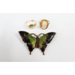 Two 9ct gold rings and a gilt metal and enamel butterfly (3)