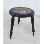 Pokerwork stool, with dragon pattern and three legs, 32 x 28cm