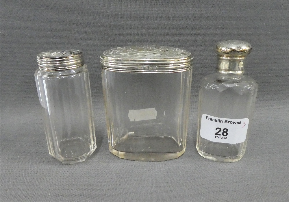 Three silver topped glass jars, Birmingham 1905 / 06, tallest 10cm, (3)