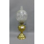 Oil lamp with an etched glass shade, complete with glass funnel, size overall 53cm