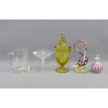 Glass ware to include a Bohemian amber glass goblet and cover, Venetian glass bird, sweetmeat