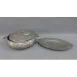 Kayserzinn Art Nouveau pewter bowl and cover and an oval dish (3)