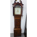 19th century mahogany longcase clock, the floral painted dial with Roman numerals and two subsidiary