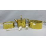 Brass wares to include two oval twin handled pans, water can, egg timer and an Epns ladle, largest