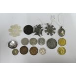 Mixed lot to include a George V half crown coin and others, silver fobs, mother of pearl counter, (a