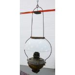 Hanging oil lamp with white glass shade together with a collection of funnels and shades (a lot)