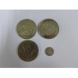 Coins to include a Queen Victoria Crown 1892, George V three pence 1931, etc (4)