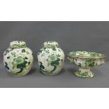 Large pair of Mason's chartreuse ginger jars and covers together with a matching comport, tallest