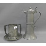 19th century pewter loving cup together with a peter flagon and a plate inscribed 1695, tallest 34cm