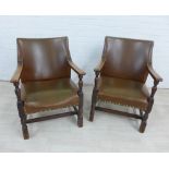 Pair of early 20th century oak framed and leatherette upholstered open armchairs, 78 x 59cm (2)
