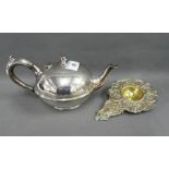 Continental silver strainer, stamped 800 together with a Christofle Epns teapot (2)