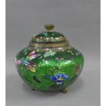 Cloisonne box and cover, raised on three pointed feet, 9cm high