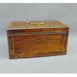 19th century mahogany and rosewood veneered tea caddy with brass string inlay, 24 x 13cm
