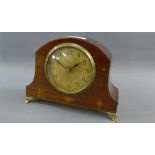 An early 20th century mahogany and inlaid mantle clock, 15cm