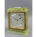 Elliott green hardstone mantle clock, with silvered dial, retailed by Edwards of Glasgow, 16cm high