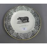 Bewick's Beastes Prinknash Abbey pottery, The Rhinoceros plate, 26cm diameter