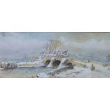 19th century school, Winter scene with figures on a snow capped bridge, watercolour, signed with