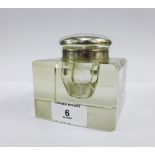 Edwardian silver topped glass inkwell of square form, John Grinsell & Sons, Birmingham 1903, 9cm