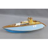 Quebec Street I model boat with blue painted hull and varnished wooden deck, 55cm long