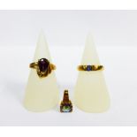 9ct gold gemset dress ring together with a 9ct gold sapphire ring and 9ct gold mystic topaz